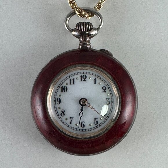 Antique 1906 Swiss Made .935 Silver Ladies Pocket Colorful Floral Enamel Watch - Picture 1 of 8